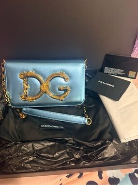 Dolce & Gabbana DG Girls Metallic Blue Leather Crossbody Bag – 100% Authentic
